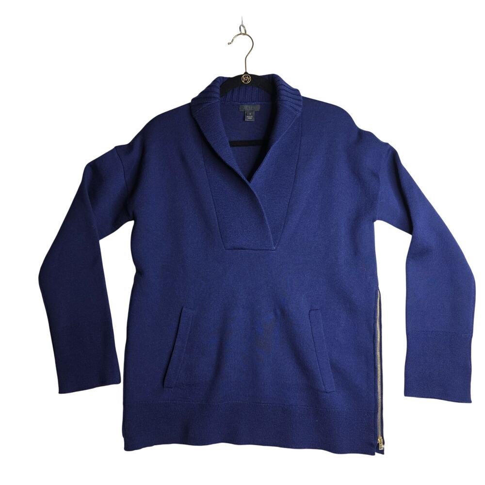 J.Crew Collection SzSm Shawl Bonded Wool Popover Navy Side Zips‎ Sweater Simple